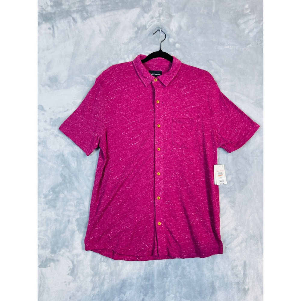 Lucky Brand Button Down Mens Size M Pink NEW Linen Blend Short Sleeve Slub Knit